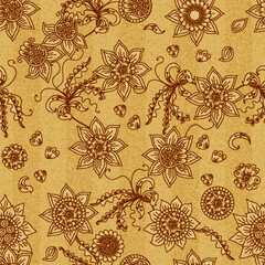 Vintage seamless pattern with floral ornament on old paper. Retro design.