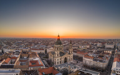 Fototapeta na wymiar Aerial drone shot of St. Stephen Basilica at Budapest dawn sunrise in morning