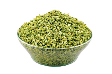 green plant saunf fennel seeds in bowl isolated on white background, macro .