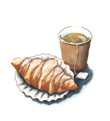 Hand drawn illustration of croissant and green tea in a cafe