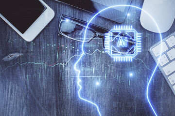 Double exposure of brain drawing over work table desktop. Top view. Global data analysis concept.