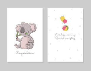 Cute koala eating eucalyptus. Hand drawn doodle poster template with airballs. Cute cartoon bear character
