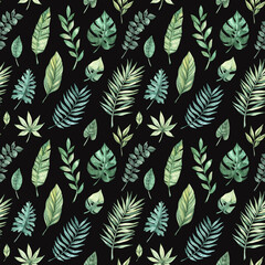 Naklejka na ściany i meble Watercolor seamless pattern. Summer tropical background. Tropical palm leaves (monstera, areca, fan, banana). Perfect for invitations, prints, packing, fabric, textile, wrapping paper