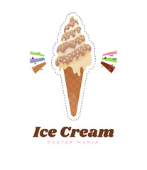 Ice cream sticker or badge. Cute ice cream cone cartoon vector illustration. Chocolate and vanilla ice cream dessert. Kids sweets