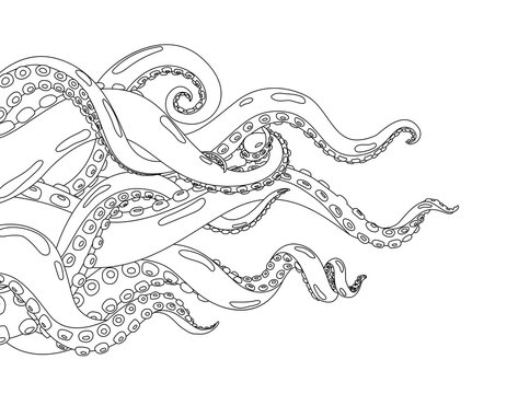 Octopus. Hand drawn background with octopus. Cartoon underwater marine animal. Coloring vector illustration of kraken or squid. Body parts protruding from out of frame