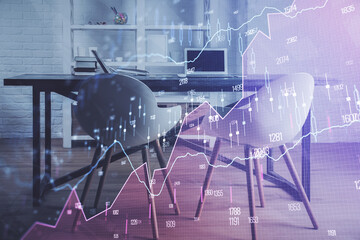 Multi exposure of financial graph drawing and office interior background. Concept of market analysis.