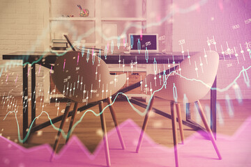 Multi exposure of financial graph drawing and office interior background. Concept of market analysis.
