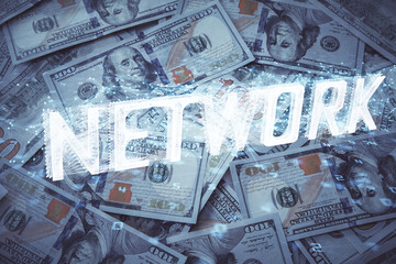 Double exposure of data theme drawing over us dollars bill background. Technology concept.