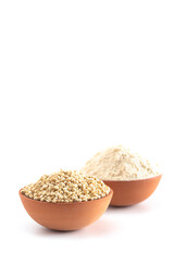 Bowl of Sprouted Sorghum and Sorghum Flour Isolated on a White Background