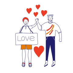 Love card of a gay couple. Picket LGBTK. Different sexual orientation The concept of sexual discrimination of protest. Crowds of people are fighting for rights, freedom. Vector illustration, 