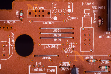 Electronic board of an old cassette tape recorder.