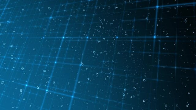 Loop features animated computer technology binary numbers, connected white lines and blurry dots on a blue background.