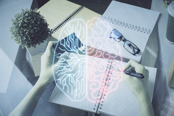 Double exposure of woman on-line shopping holding a credit card and brain hologram drawing. Data E-commerce concept.