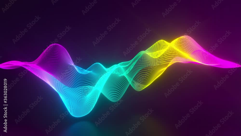 Poster Abstract seamless looped background with neon glowing wavу lines. Bright lines waving and pulsating. Laser show in neon ultraviolet colors. 4K 3D animation.