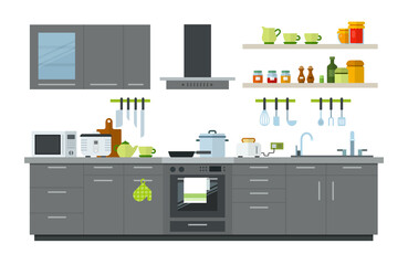 Illustration of a kitchen interior with furniture, appliances and utensils vector illustration