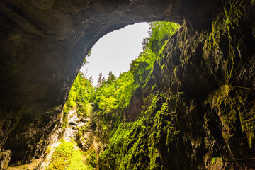 Macocha Abyss - large limestone gorge in Moravian Karst, Czech: Moravsky Kras, Czech Republic. View from bottom.