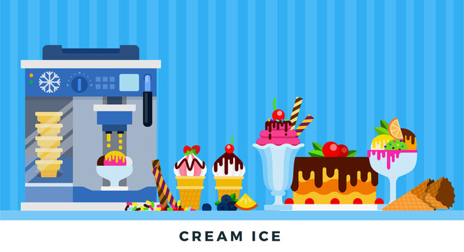 Cream ice. Vector flat illustrations. Machine for ice-cream wafer cone.