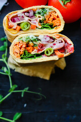 tortilla or burrito wrap stuffing pita
shawarma vegetables vegetarian pita bread Menu concept serving size. food background top view copy space 