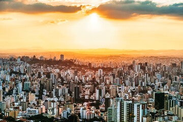 Aerial shot of the breathtaking cityscape at sunset in Brazil