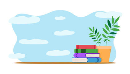 Stack of books isolated vector illustration. Plant and notebooks on the blue background