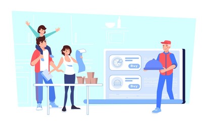 Happy family choose, order, buy restaurant food online. Deliveryman carrying hot dish. Parent child receiving ready meal for dinner or lunch at home. Fast delivery service. Smart technology, lifestyle