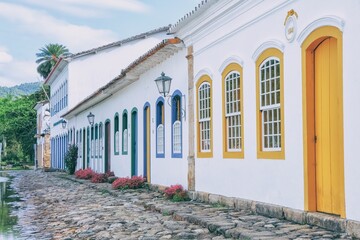 Mesmerizing shot of the colorful facade of the museum of the sacred art of Paraty in Brazil