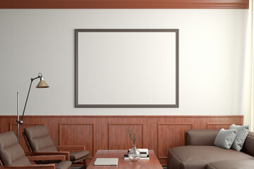 Horizontal blank poster mockup on white wall  in classic style interior of modern living room.