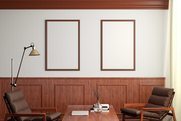 Two vertical blank posters mockup on white wall  in classic style interior of modern living room.