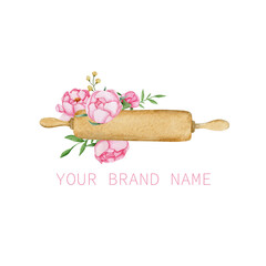 Watercolor wooden rolling pin with pink peonies flowers on a white background.