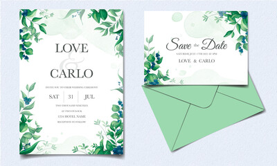 Elegant wedding invitation card with greenery leaves and blueberries