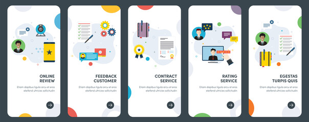 Set of concept flat design icons for review, feedback, customer, contract service. UX, UI vector template kit for web design, applications, mobile interface, infographics and print design.