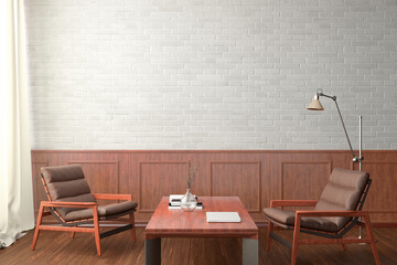 Blank white brick wall mockup in classic style interior of modern living room.
