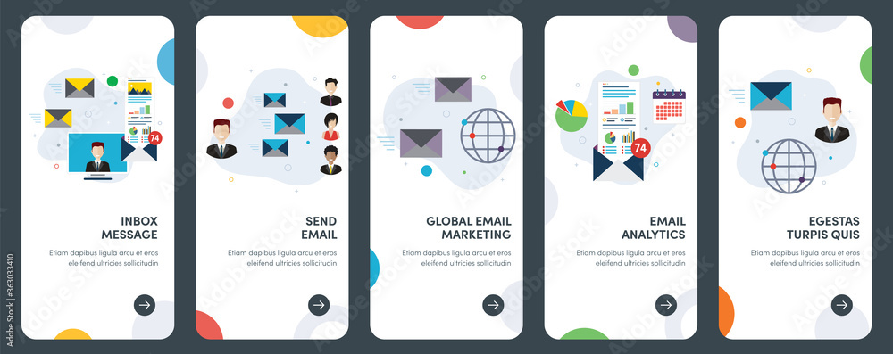 Poster set of concept flat design icons for email, strategy, inbox, message and marketing. ux, ui vector te
