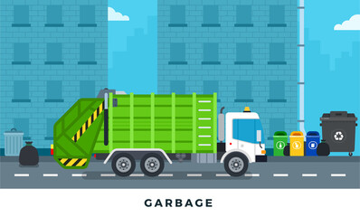 Garbage truck, trash can on city street with buildings. Vector flat illustrations.