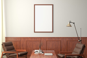 Vertical blank poster mockup on white wall  in classic style interior of modern living room.
