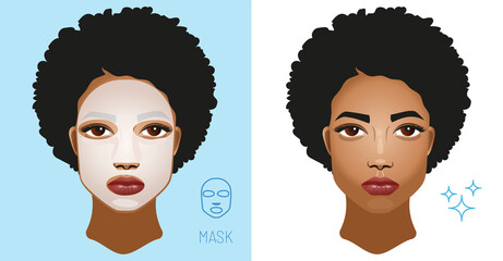 Facial sheet mask. Skin care. Cosmetic mask on the face of a african american girl. Vector realistic illustration isolated on white background.