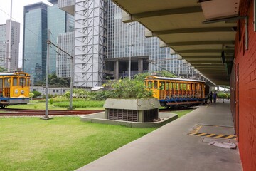 Fototapeta na wymiar Yellow electric trams in Rio de Janeiro, Brazil