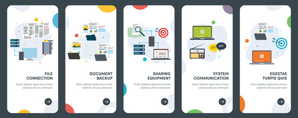 Set of concept flat design icons for connection, backup, sharing, communication, file.  UX, UI vector template kit for web design, applications, mobile interface, infographics and print design.