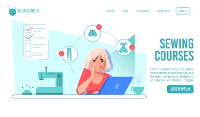 Online sewing courses, dressmaking tailoring fashion design school or clothes modeling class. Confused thoughtful woman studying on laptop learning new profession. Presentation landing page template
