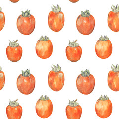 Juicy and bright seamless pattern with persimmons on a white isolated background. Watercolor illustration. For autumn harvest time and cold winter evenings.