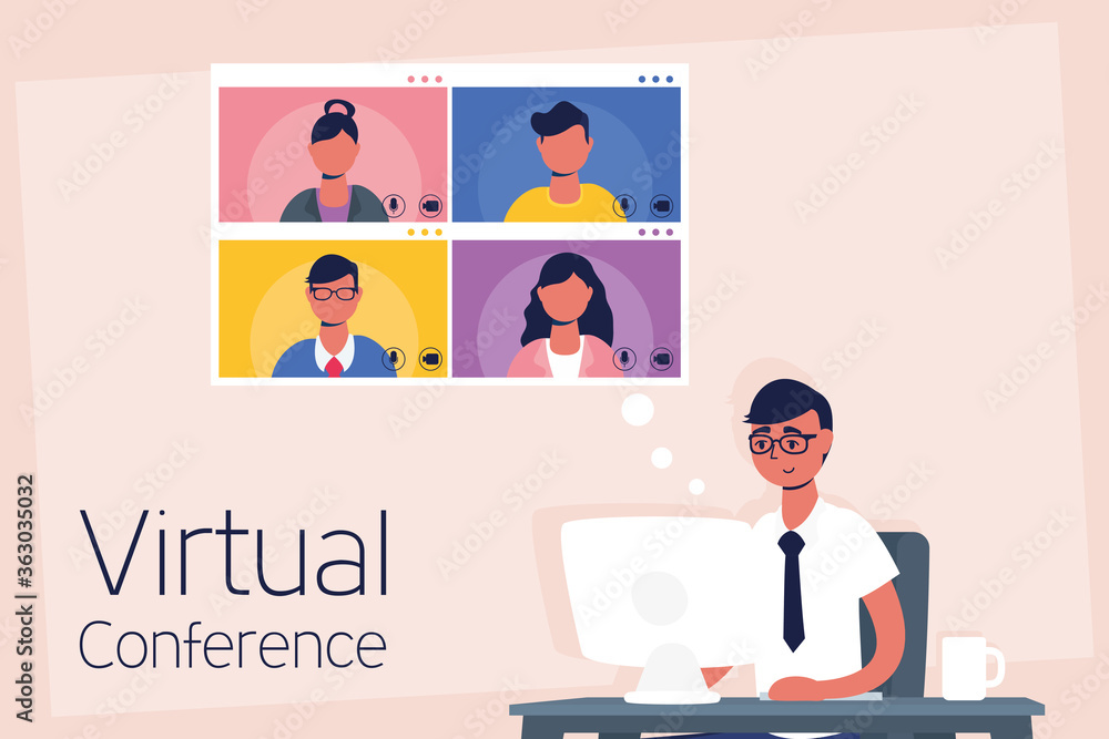 Poster man using desktop in virtual conference communication