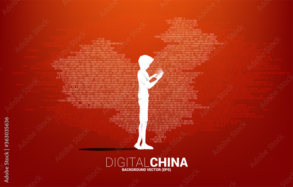 Poster silhouette of man with mobile phone in hand with china map binary graphic. Concept for digital yuan financial and banking.