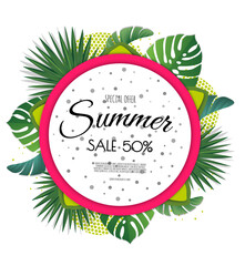 Summer sale banner template. Summer abstract background with Red dragon. Tropical backdrop.