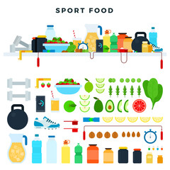 Set vector icons sport food in flat design. Concept healthy and athletic lifestyle.