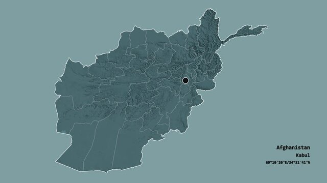Helmand, province of Afghanistan, with its capital, localized, outlined and zoomed with informative overlays on a administrative map in the Stereographic projection. Animation 3D