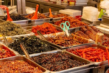 Closeup shot of seafood in Korean food market