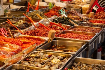 Closeup shot of seafood in Korean food market