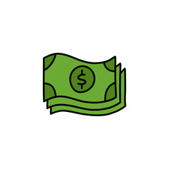 dollar bill doodle icon, vector color illustration