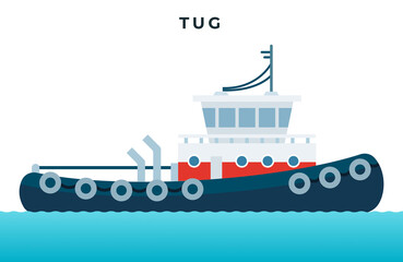 Blue and white tugboat on the waves vector icon flat isolated.