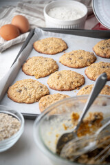 chocolate chip oatmeal cookie on iron pan